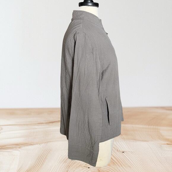 Eileen Fisher Gray Khaki Full Zip Jacket Size M Pockets Textured Cotton Short - Picture 4 of 8